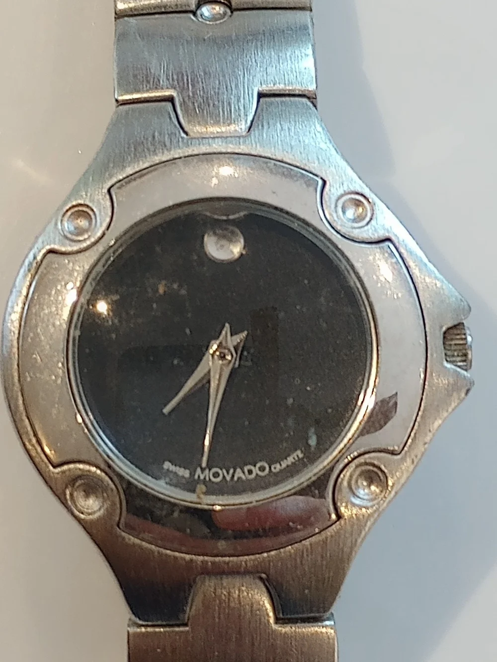 Movado Silver Tone Bracelet Watch with Black Dial